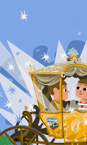 Illustration fra børnebogen Kongebørnene og den magiske karet: To børn kører i den magiske karet foran Koldinghus, der danner rammen om fortællingen om kongelig barndom set i børnehøjde. Den magiske karet er inspireret af den historiske kotillonvogn, som kan ses på Koldinghus og indgår i den permanente udstilling Kongebarn. Illustration: Rasmus Juul